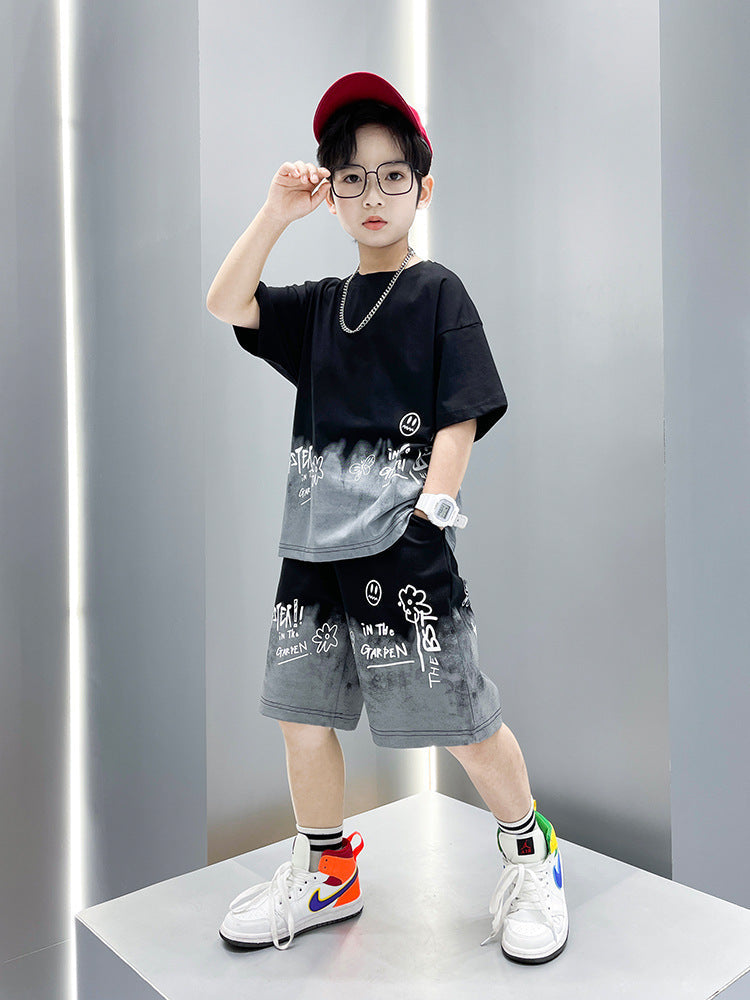 Boys' Suit New Summer Medium And Large Children Boys' Short Sleeve Sports Trendy Internet Celebrity Fashion Brand