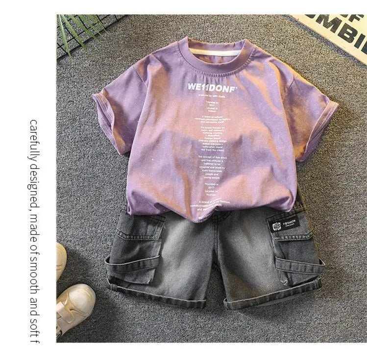 Baby Boys Summer Clothes Fashion Crew Neck Children Tracksuit Letter Printed T-shirt Denim Shorts 2pcs Suit Kids Outfit 2-11Y - Mom & Kids