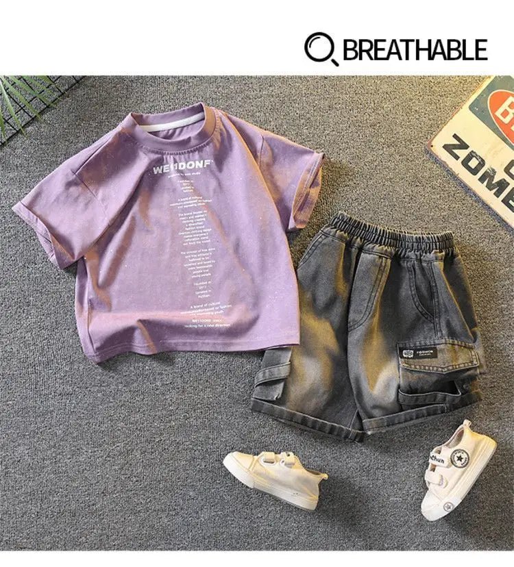 Baby Boys Summer Clothes Fashion Crew Neck Children Tracksuit Letter Printed T-shirt Denim Shorts 2pcs Suit Kids Outfit 2-11Y - Mom & Kids