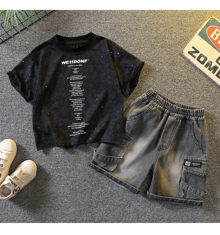 Baby Boys Summer Clothes Fashion Crew Neck Children Tracksuit Letter Printed T-shirt Denim Shorts 2pcs Suit Kids Outfit 2-11Y - Mom & Kids