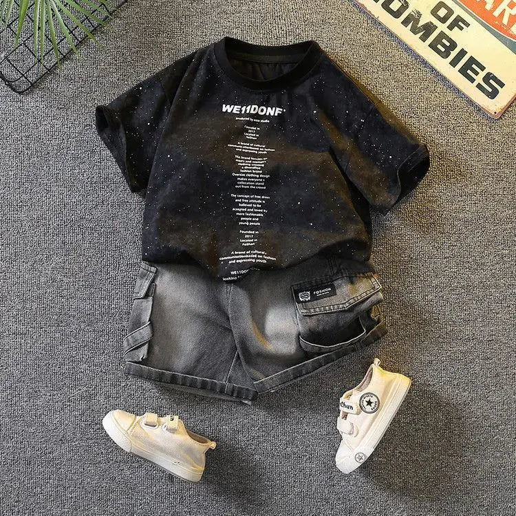 Baby Boys Summer Clothes Fashion Crew Neck Children Tracksuit Letter Printed T-shirt Denim Shorts 2pcs Suit Kids Outfit 2-11Y - Mom & Kids