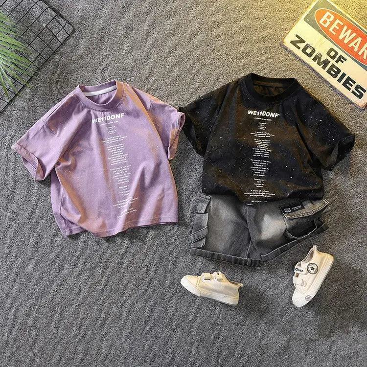 Baby Boys Summer Clothes Fashion Crew Neck Children Tracksuit Letter Printed T-shirt Denim Shorts 2pcs Suit Kids Outfit 2-11Y - Mom & Kids