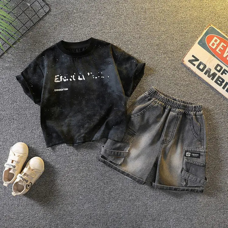 Baby Boys Summer Clothes Fashion Crew Neck Children Tracksuit Letter Printed T-shirt Denim Shorts 2pcs Suit Kids Outfit 2-11Y - Mom & Kids