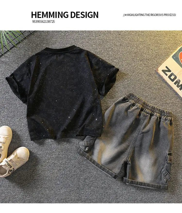 Baby Boys Summer Clothes Fashion Crew Neck Children Tracksuit Letter Printed T-shirt Denim Shorts 2pcs Suit Kids Outfit 2-11Y - Mom & Kids
