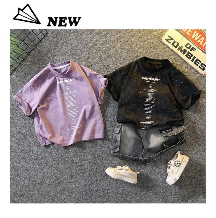 Baby Boys Summer Clothes Fashion Crew Neck Children Tracksuit Letter Printed T-shirt Denim Shorts 2pcs Suit Kids Outfit 2-11Y - Mom & Kids