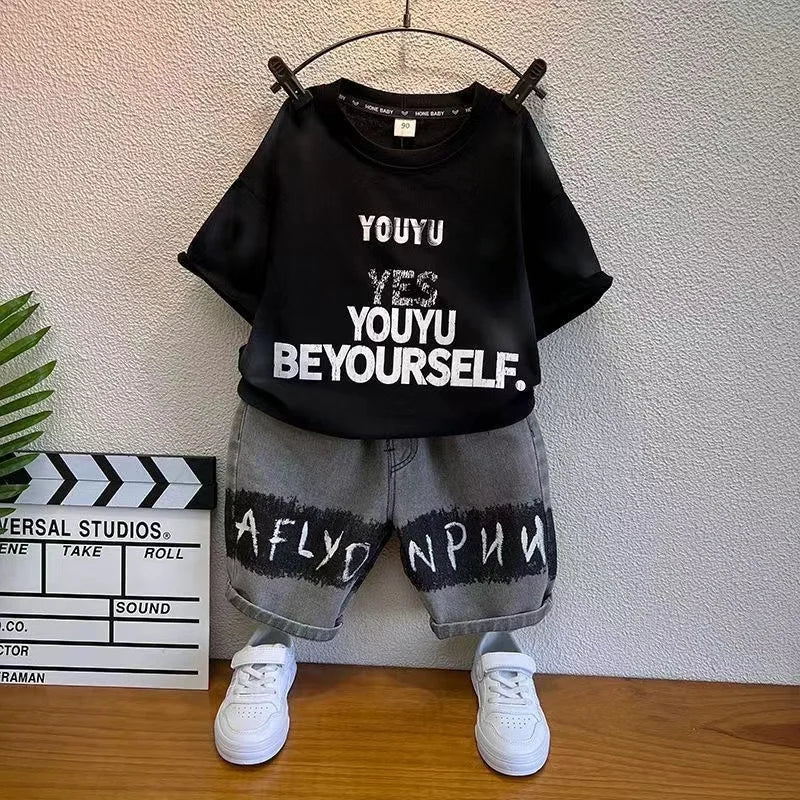 Baby Boys Summer Clothes Fashion Letter Short Sleeve T-Shirt Jeans Pants 2pcs Korean Kids Sport Set Kids Outfits - Mom & Kids