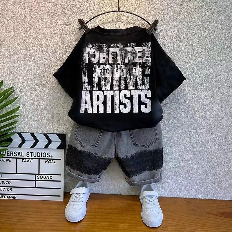 Baby Boys Summer Clothes Fashion Letter Short Sleeve T-Shirt Jeans Pants 2pcs Korean Kids Sport Set Kids Outfits - Mom & Kids
