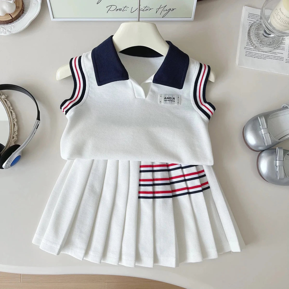 Baby Girl College Style Summer 2PCS Clothes Set Polo Collar Kid Girl Vest Top Set Thin Stylish Stripe Pleated Skirt Belle Outfit - Mom & Kids