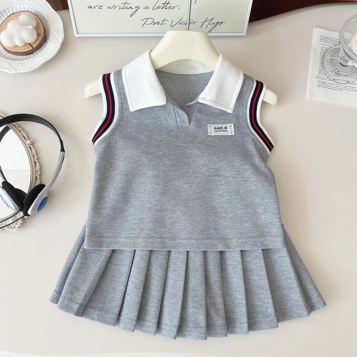 Baby Girl College Style Summer 2PCS Clothes Set Polo Collar Kid Girl Vest Top Set Thin Stylish Stripe Pleated Skirt Belle Outfit - Mom & Kids