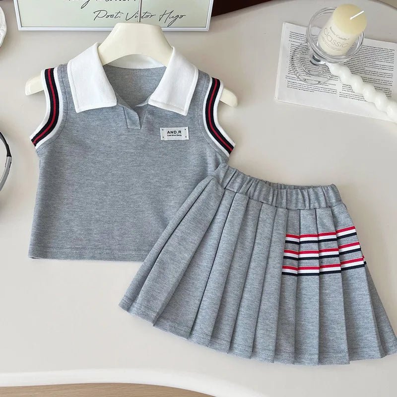 Baby Girl College Style Summer 2PCS Clothes Set Polo Collar Kid Girl Vest Top Set Thin Stylish Stripe Pleated Skirt Belle Outfit - Mom & Kids