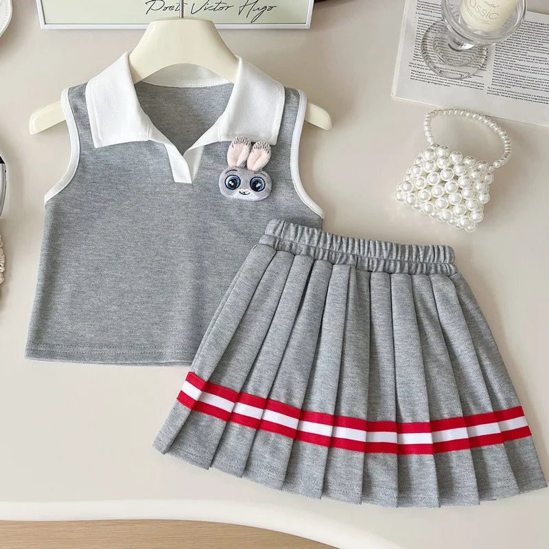 Baby Girl College Style Summer 2PCS Clothes Set Polo Collar Kid Girl Vest Top Set Thin Stylish Stripe Pleated Skirt Belle Outfit - Mom & Kids