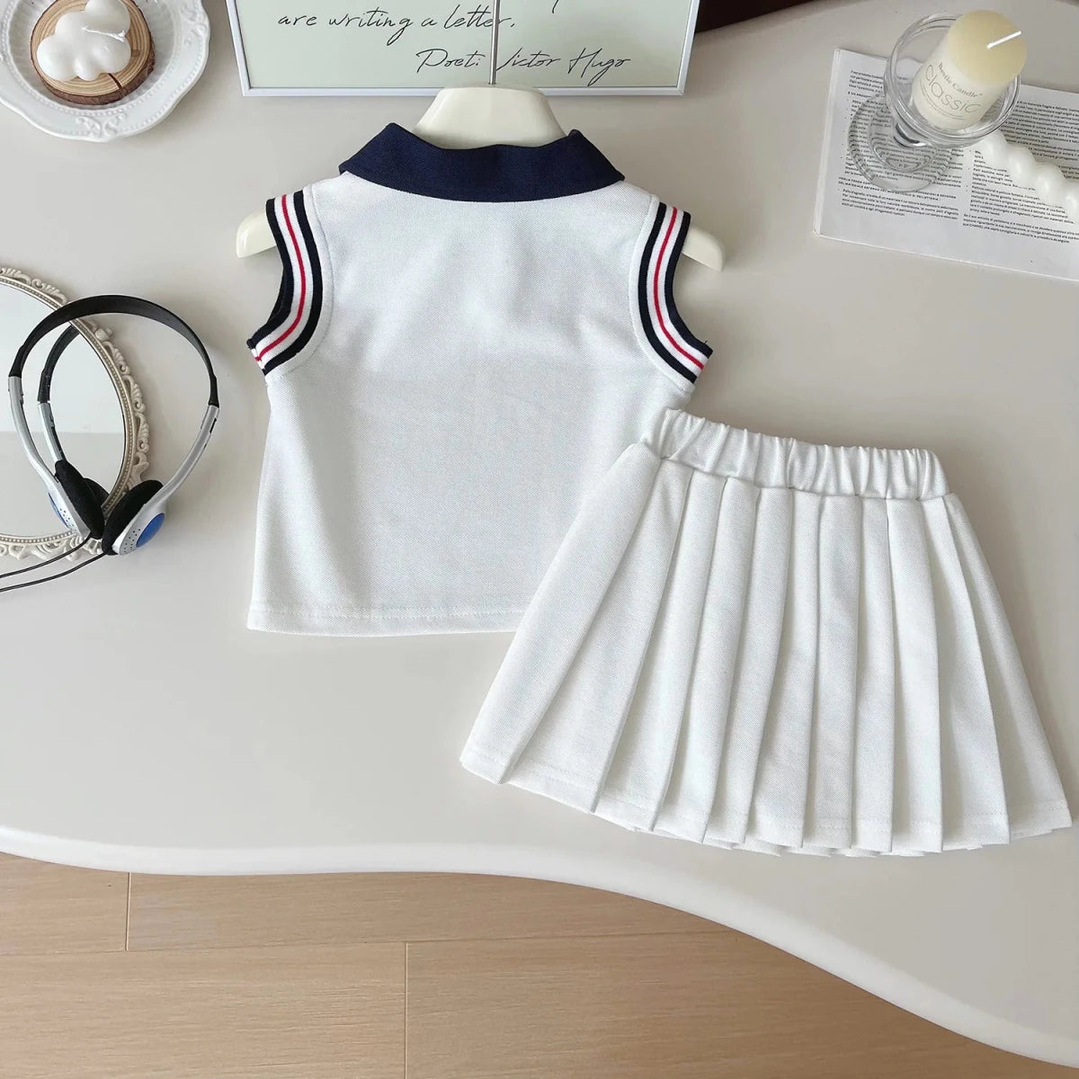 Baby Girl College Style Summer 2PCS Clothes Set Polo Collar Kid Girl Vest Top Set Thin Stylish Stripe Pleated Skirt Belle Outfit - Mom & Kids
