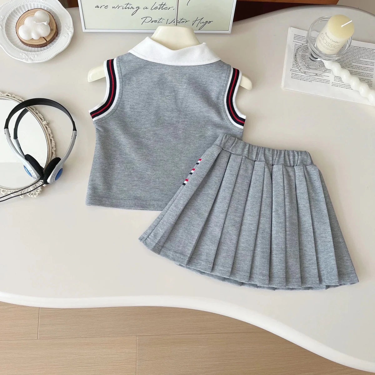 Baby Girl College Style Summer 2PCS Clothes Set Polo Collar Kid Girl Vest Top Set Thin Stylish Stripe Pleated Skirt Belle Outfit - Mom & Kids