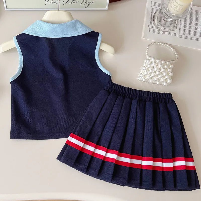 Baby Girl College Style Summer 2PCS Clothes Set Polo Collar Kid Girl Vest Top Set Thin Stylish Stripe Pleated Skirt Belle Outfit - Mom & Kids