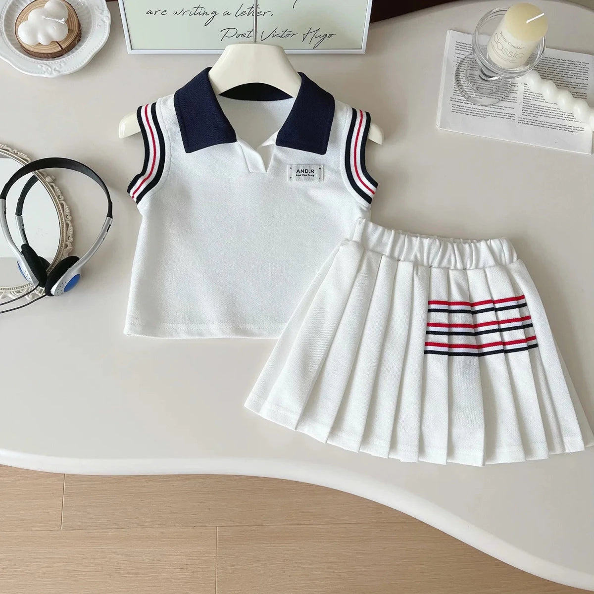 Baby Girl College Style Summer 2PCS Clothes Set Polo Collar Kid Girl Vest Top Set Thin Stylish Stripe Pleated Skirt Belle Outfit - Mom & Kids