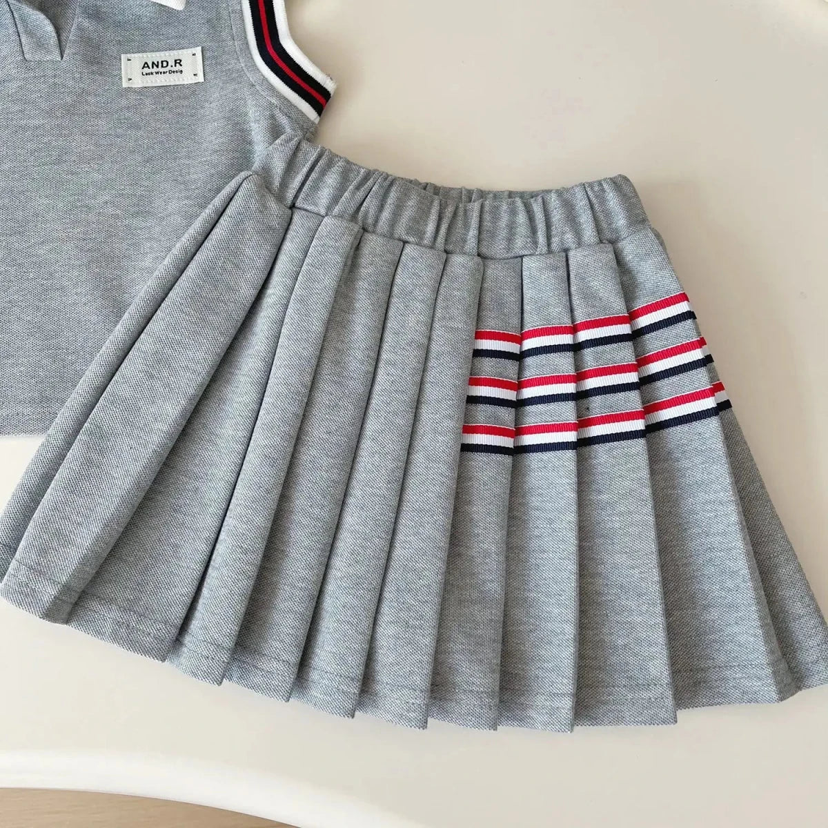 Baby Girl College Style Summer 2PCS Clothes Set Polo Collar Kid Girl Vest Top Set Thin Stylish Stripe Pleated Skirt Belle Outfit - Mom & Kids