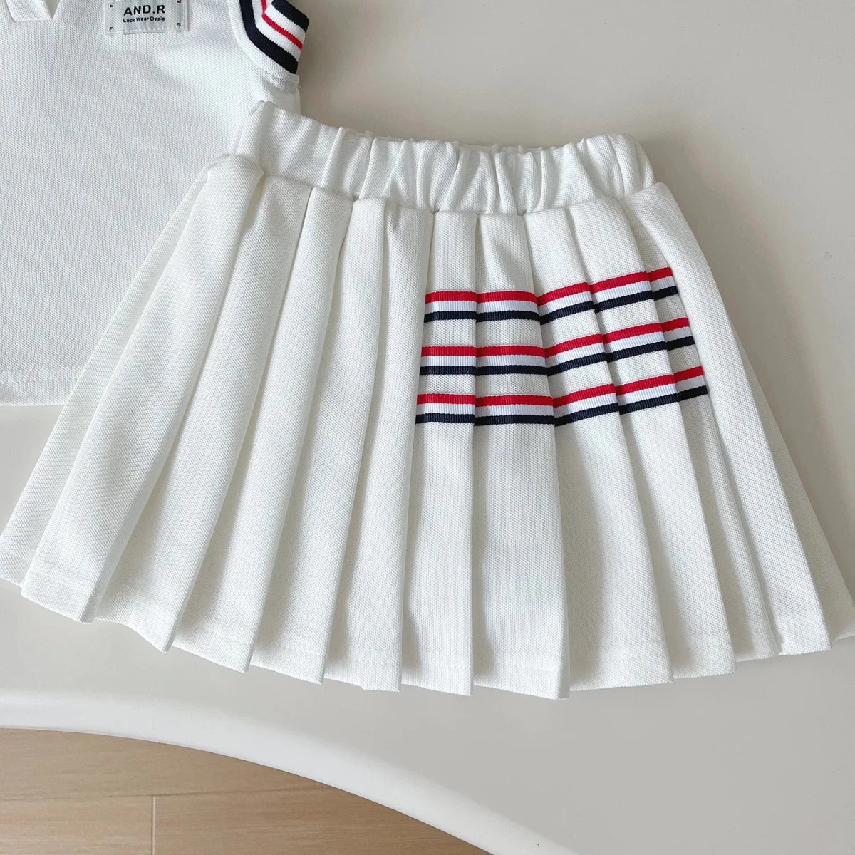 Baby Girl College Style Summer 2PCS Clothes Set Polo Collar Kid Girl Vest Top Set Thin Stylish Stripe Pleated Skirt Belle Outfit - Mom & Kids