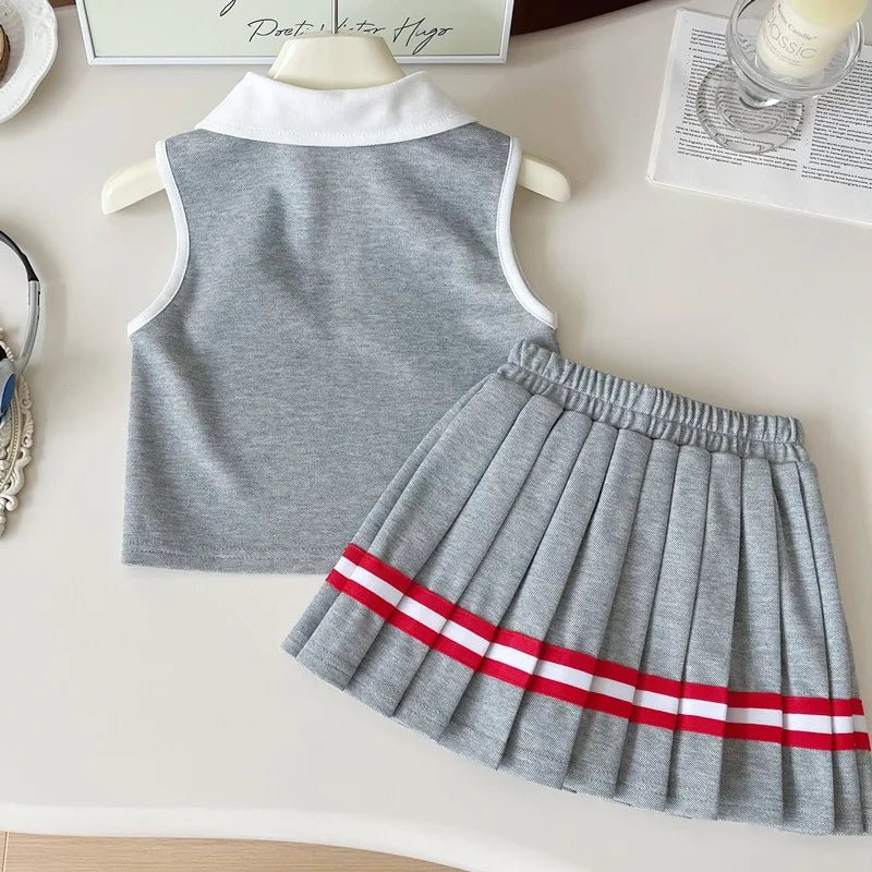 Baby Girl College Style Summer 2PCS Clothes Set Polo Collar Kid Girl Vest Top Set Thin Stylish Stripe Pleated Skirt Belle Outfit - Mom & Kids