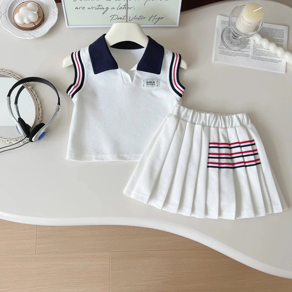 Baby Girl College Style Summer 2PCS Clothes Set Polo Collar Kid Girl Vest Top Set Thin Stylish Stripe Pleated Skirt Belle Outfit - Mom & Kids