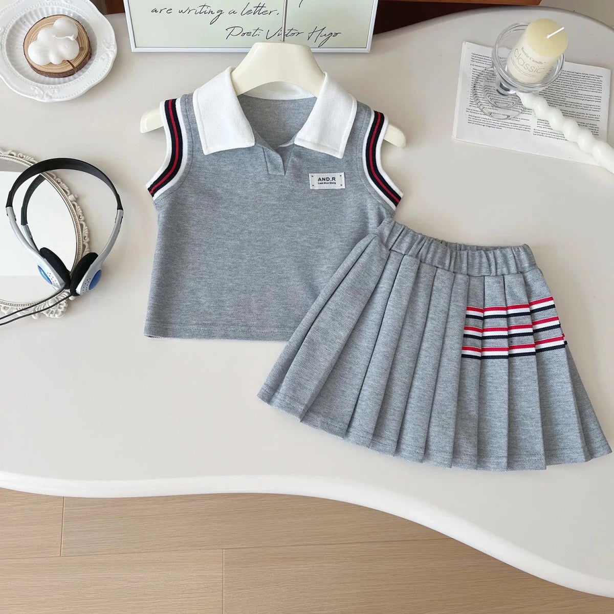 Baby Girl College Style Summer 2PCS Clothes Set Polo Collar Kid Girl Vest Top Set Thin Stylish Stripe Pleated Skirt Belle Outfit - Mom & Kids