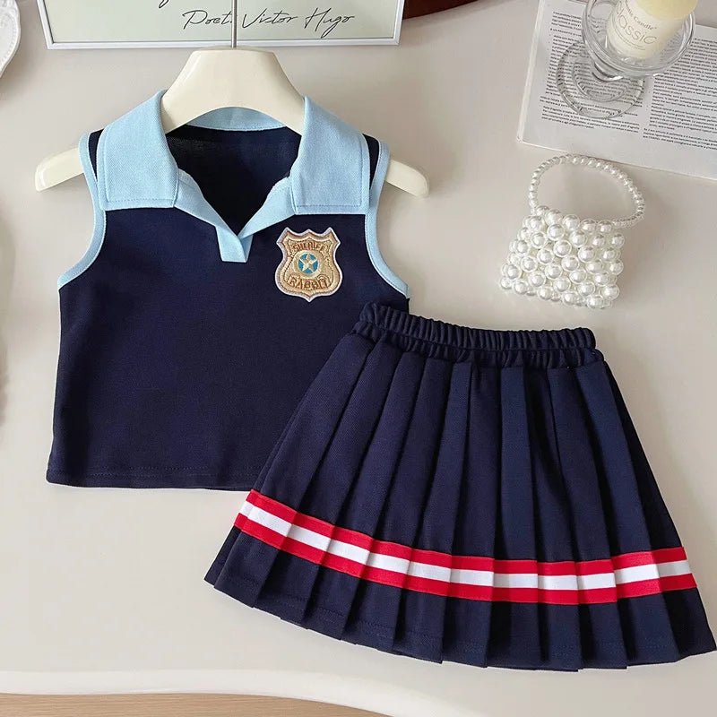 Baby Girl College Style Summer 2PCS Clothes Set Polo Collar Kid Girl Vest Top Set Thin Stylish Stripe Pleated Skirt Belle Outfit - Mom & Kids