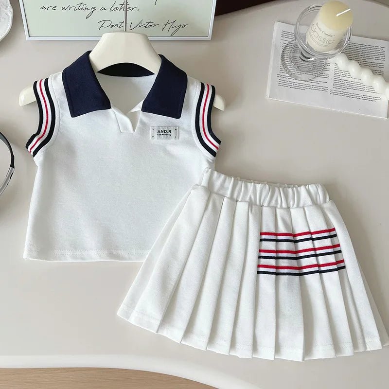 Baby Girl College Style Summer 2PCS Clothes Set Polo Collar Kid Girl Vest Top Set Thin Stylish Stripe Pleated Skirt Belle Outfit - Mom & Kids