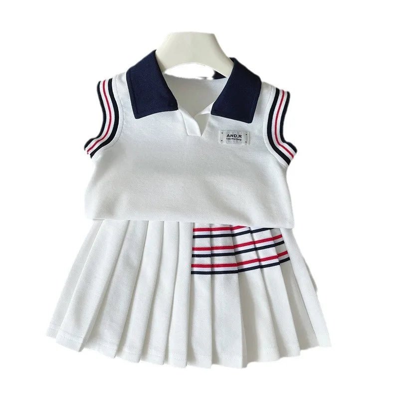 Baby Girl College Style Summer 2PCS Clothes Set Polo Collar Kid Girl Vest Top Set Thin Stylish Stripe Pleated Skirt Belle Outfit - Mom & Kids