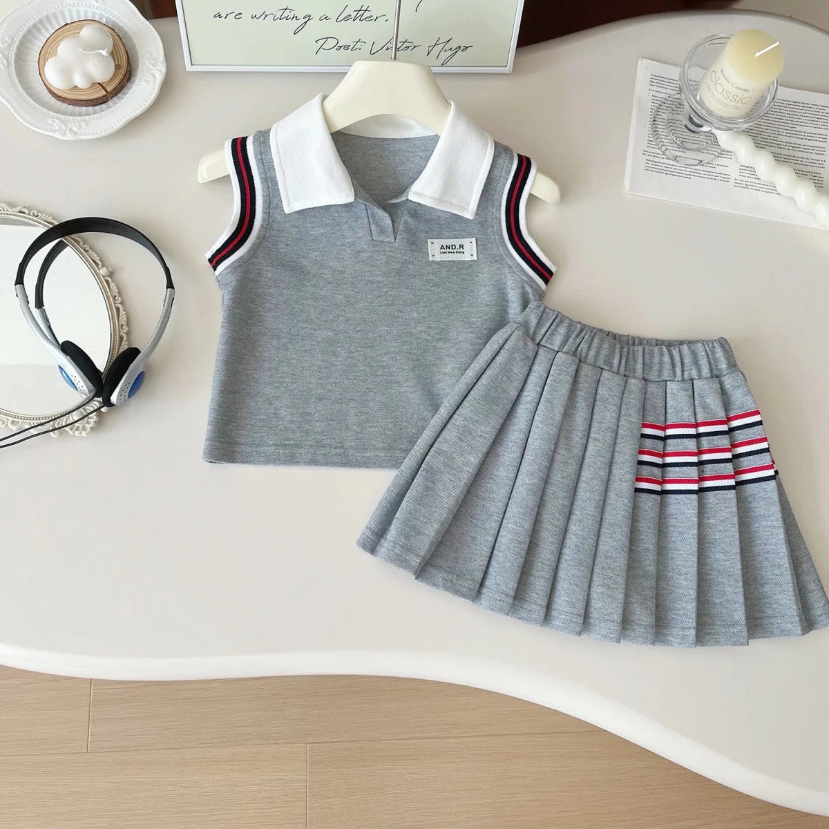 Baby Girl College Style Summer 2PCS Clothes Set Polo Collar Kid Girl Vest Top Set Thin Stylish Stripe Pleated Skirt Belle Outfit - Mom & Kids