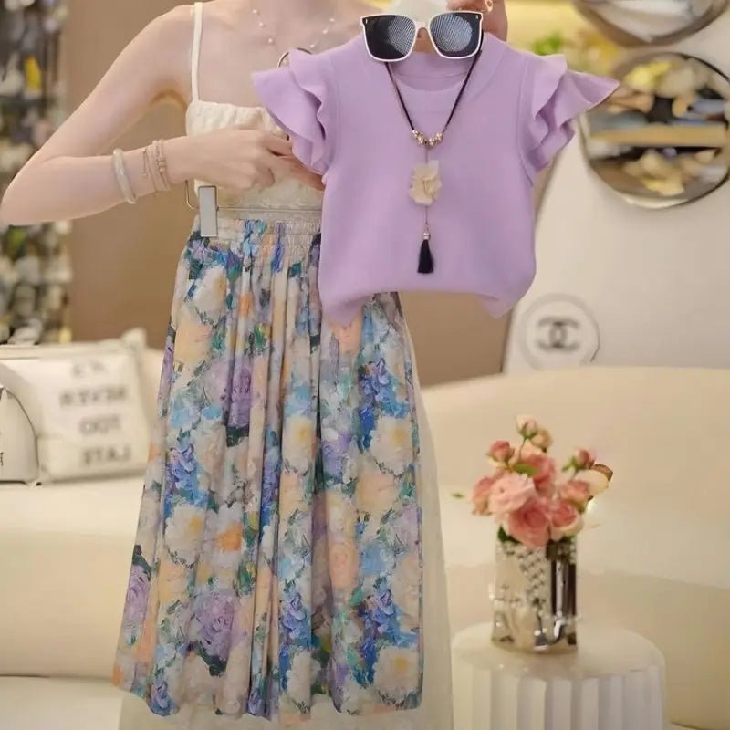 Baby Girl Summer and Spring Two Piece Set of Green Floral Pants with Flying Sleeves and Top Fashion Kids Outwear Suit - Mom & Kids