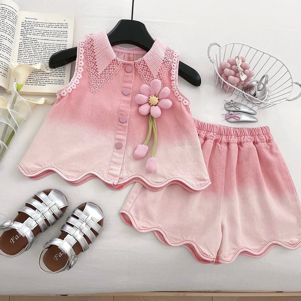 Baby Girls' Denim Suit Summer New Lace Vest Top Shorts Pants Casual and Fashion Kids Outwear Two-piece Set - Mom & Kids