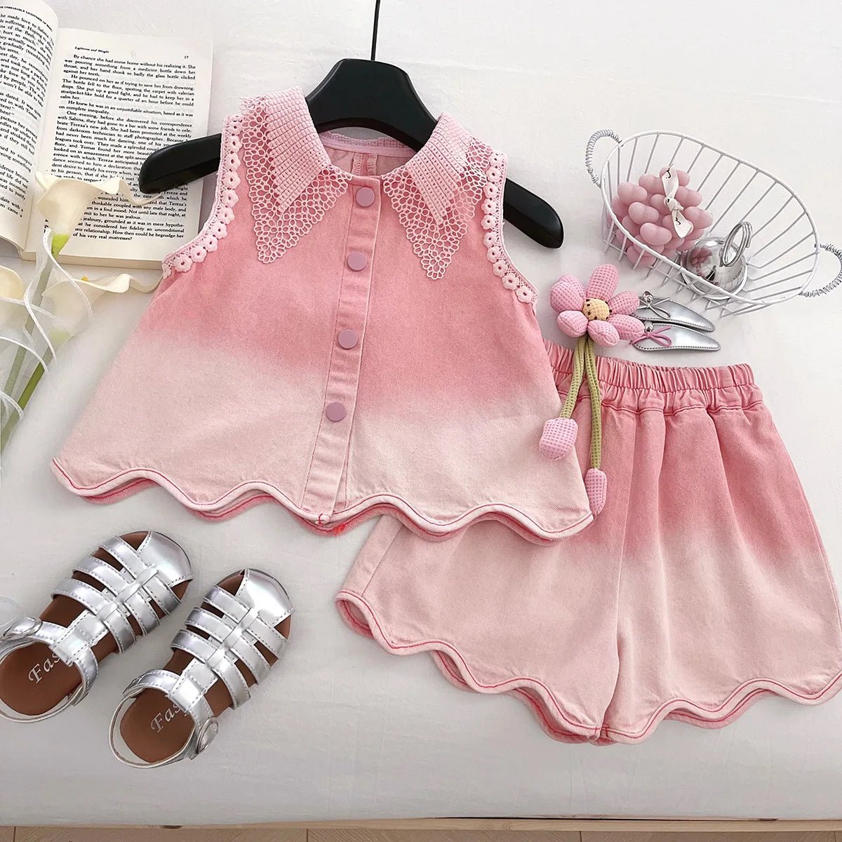 Baby Girls' Denim Suit Summer New Lace Vest Top Shorts Pants Casual and Fashion Kids Outwear Two-piece Set - Mom & Kids