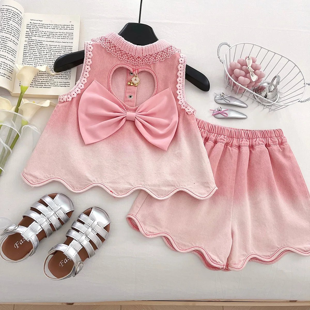 Baby Girls' Denim Suit Summer New Lace Vest Top Shorts Pants Casual and Fashion Kids Outwear Two-piece Set - Mom & Kids