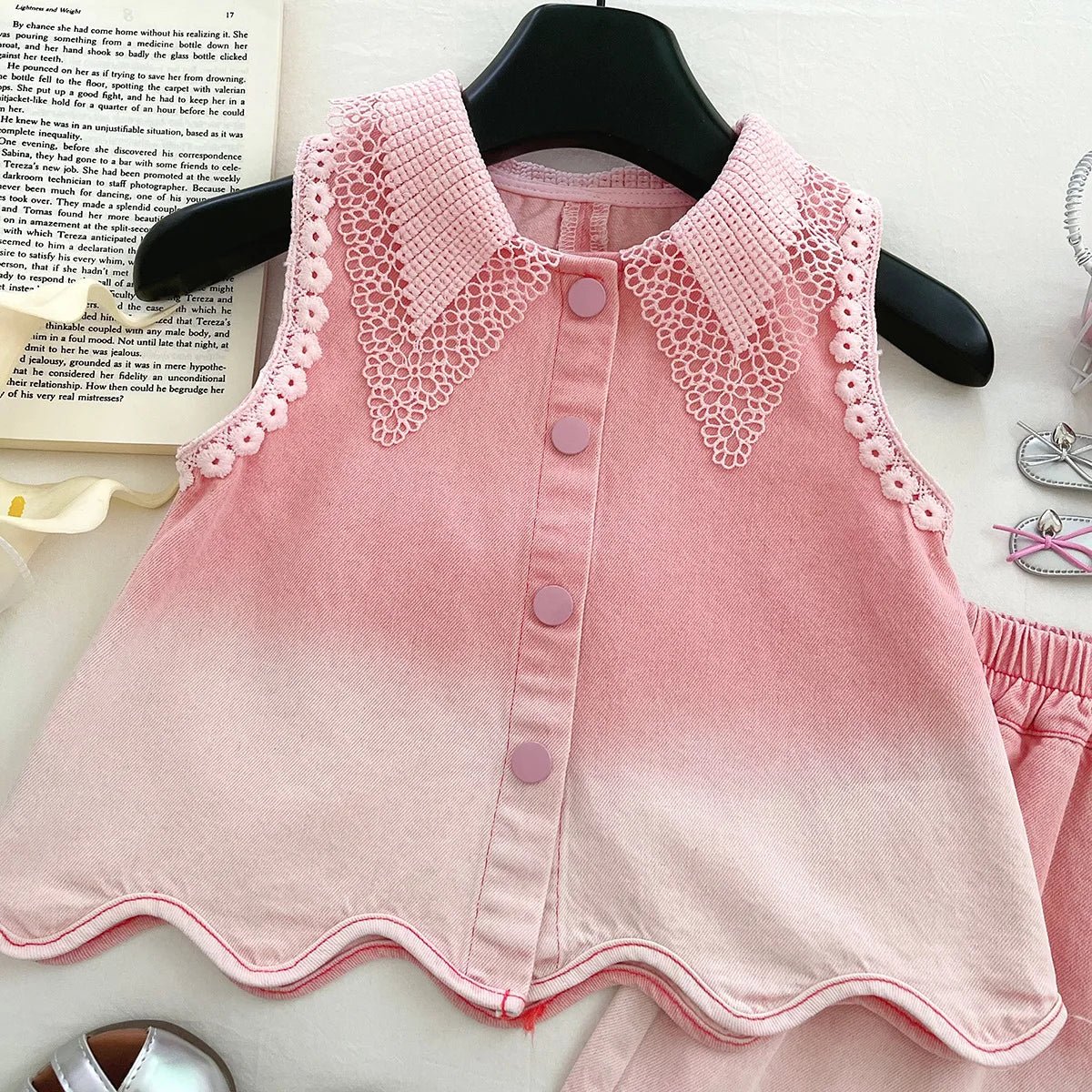 Baby Girls' Denim Suit Summer New Lace Vest Top Shorts Pants Casual and Fashion Kids Outwear Two-piece Set - Mom & Kids