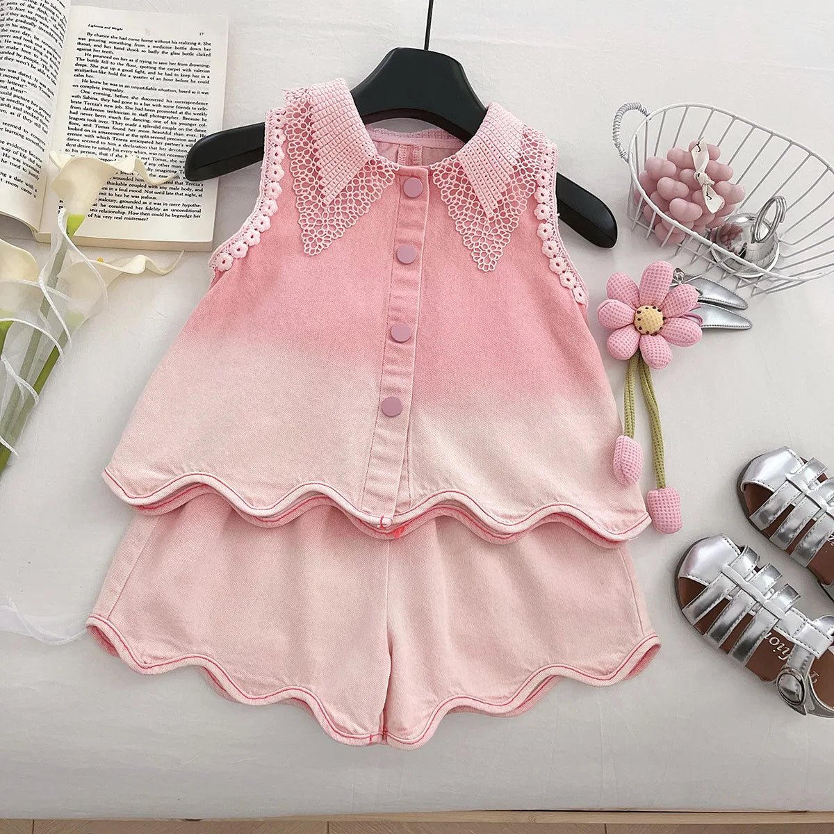Baby Girls' Denim Suit Summer New Lace Vest Top Shorts Pants Casual and Fashion Kids Outwear Two-piece Set - Mom & Kids