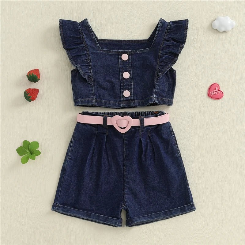 Baby Girls Summer Outfits Fly Sleeves Denim Tank Tops and Elastic Denim Shorts with Belt Set Fashion Children Kids Clothes - Mom & Kids