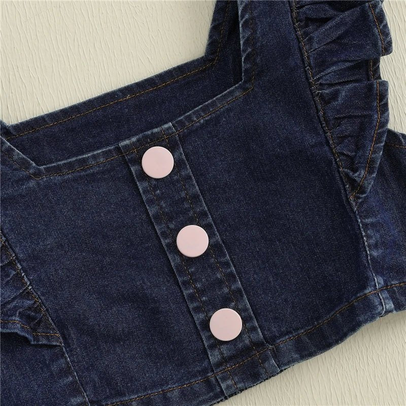 Baby Girls Summer Outfits Fly Sleeves Denim Tank Tops and Elastic Denim Shorts with Belt Set Fashion Children Kids Clothes - Mom & Kids