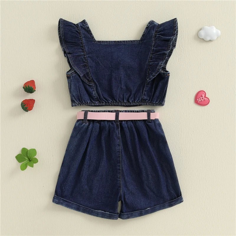 Baby Girls Summer Outfits Fly Sleeves Denim Tank Tops and Elastic Denim Shorts with Belt Set Fashion Children Kids Clothes - Mom & Kids