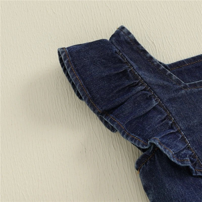 Baby Girls Summer Outfits Fly Sleeves Denim Tank Tops and Elastic Denim Shorts with Belt Set Fashion Children Kids Clothes - Mom & Kids