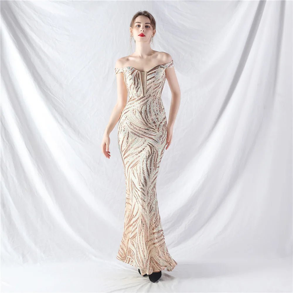 Women's Sequin Formal Evening Gown with strapless neckline and sparkling sequin design for weddings and parties