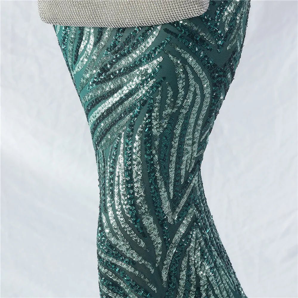 Women's Sequin Formal Evening Gown with strapless neckline and sparkling sequin design for weddings and parties