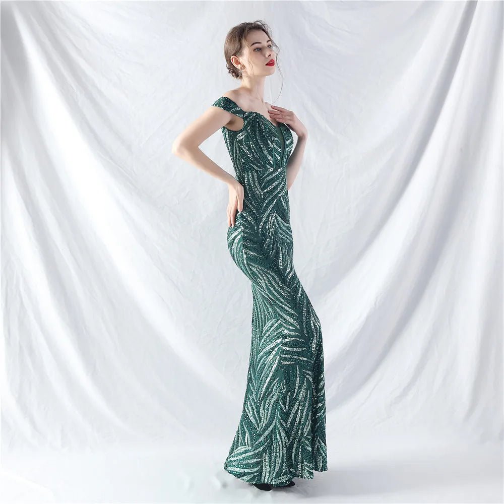 Women's Sequin Formal Evening Gown with strapless neckline and sparkling sequin design for weddings and parties