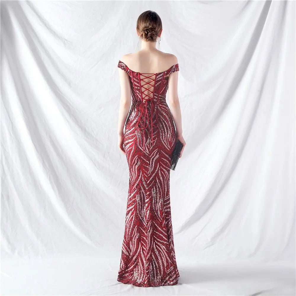 Women's Sequin Formal Evening Gown with strapless neckline and sparkling sequin design for weddings and parties