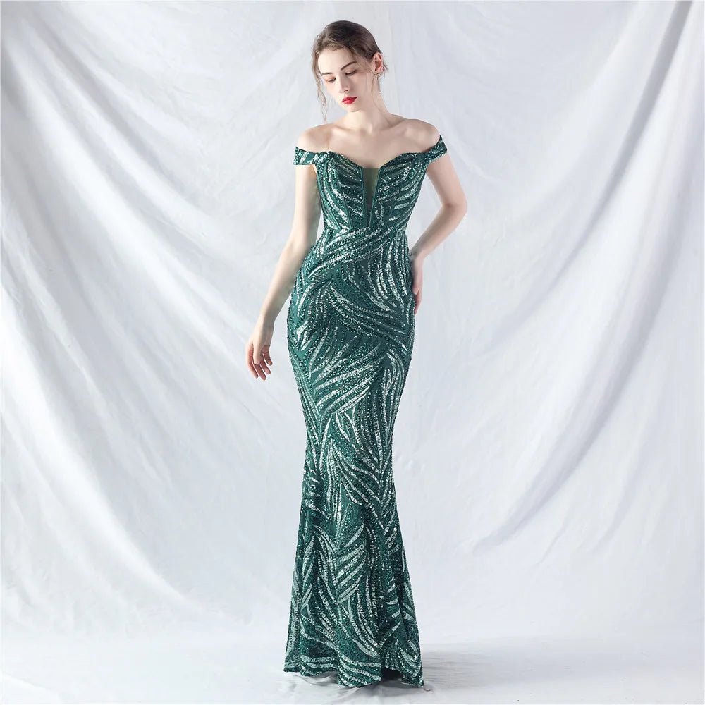 Women's Sequin Formal Evening Gown with strapless neckline and sparkling sequin design for weddings and parties