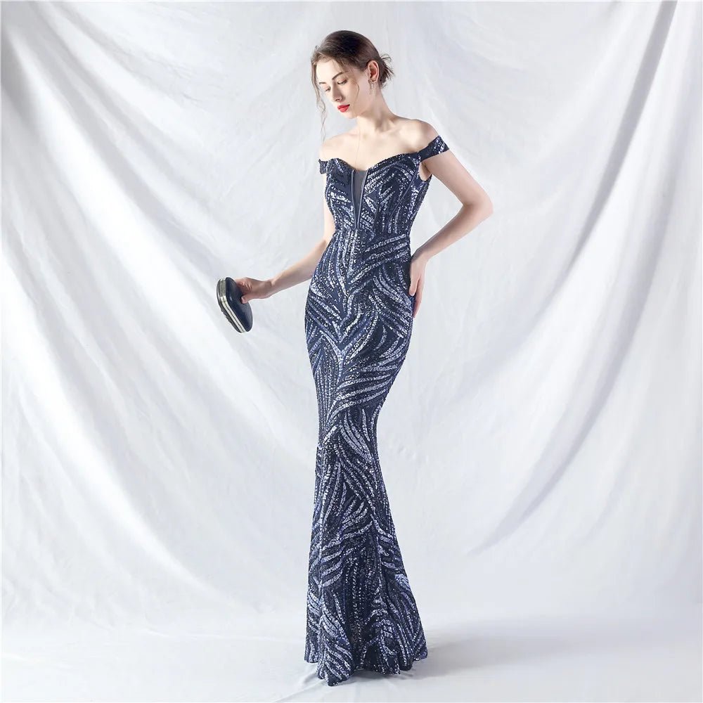 Women's Sequin Formal Evening Gown with strapless neckline and sparkling sequin design for weddings and parties