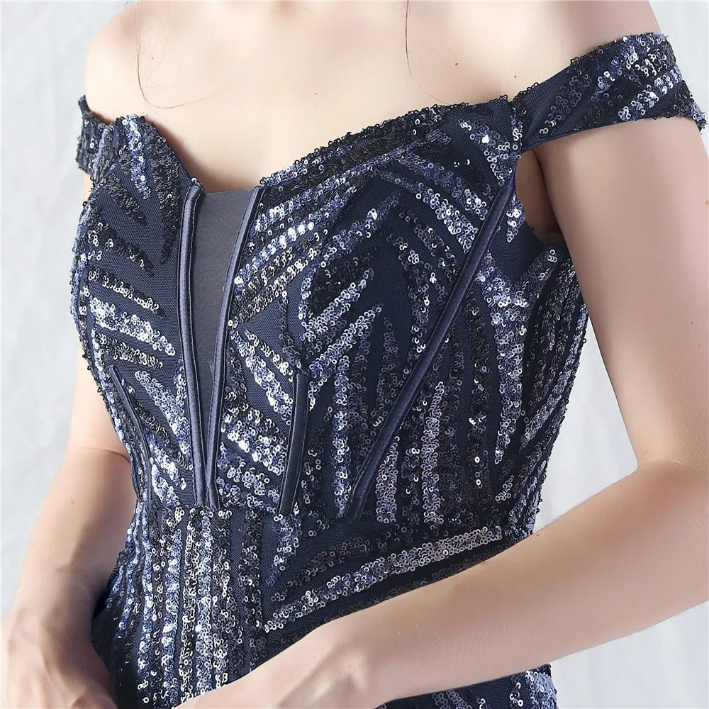 Women's Sequin Formal Evening Gown with strapless neckline and sparkling sequin design for weddings and parties
