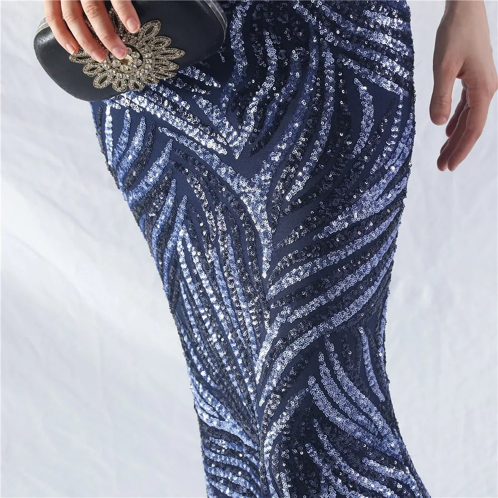 Women's Sequin Formal Evening Gown with strapless neckline and sparkling sequin design for weddings and parties