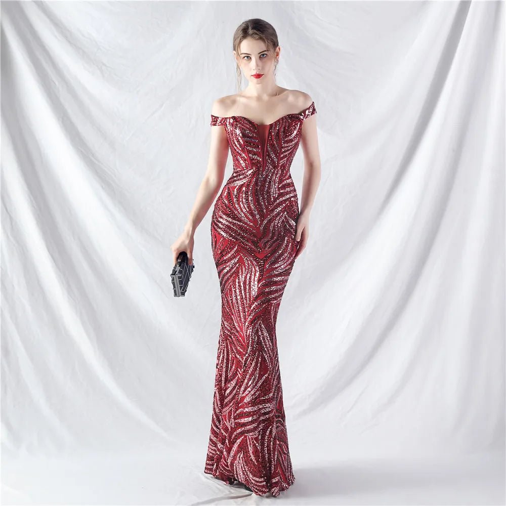 Women's Sequin Formal Evening Gown with strapless neckline and sparkling sequin design for weddings and parties