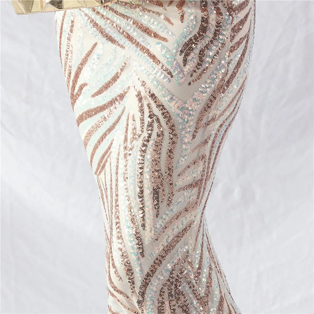 Women's Sequin Formal Evening Gown with strapless neckline and sparkling sequin design for weddings and parties