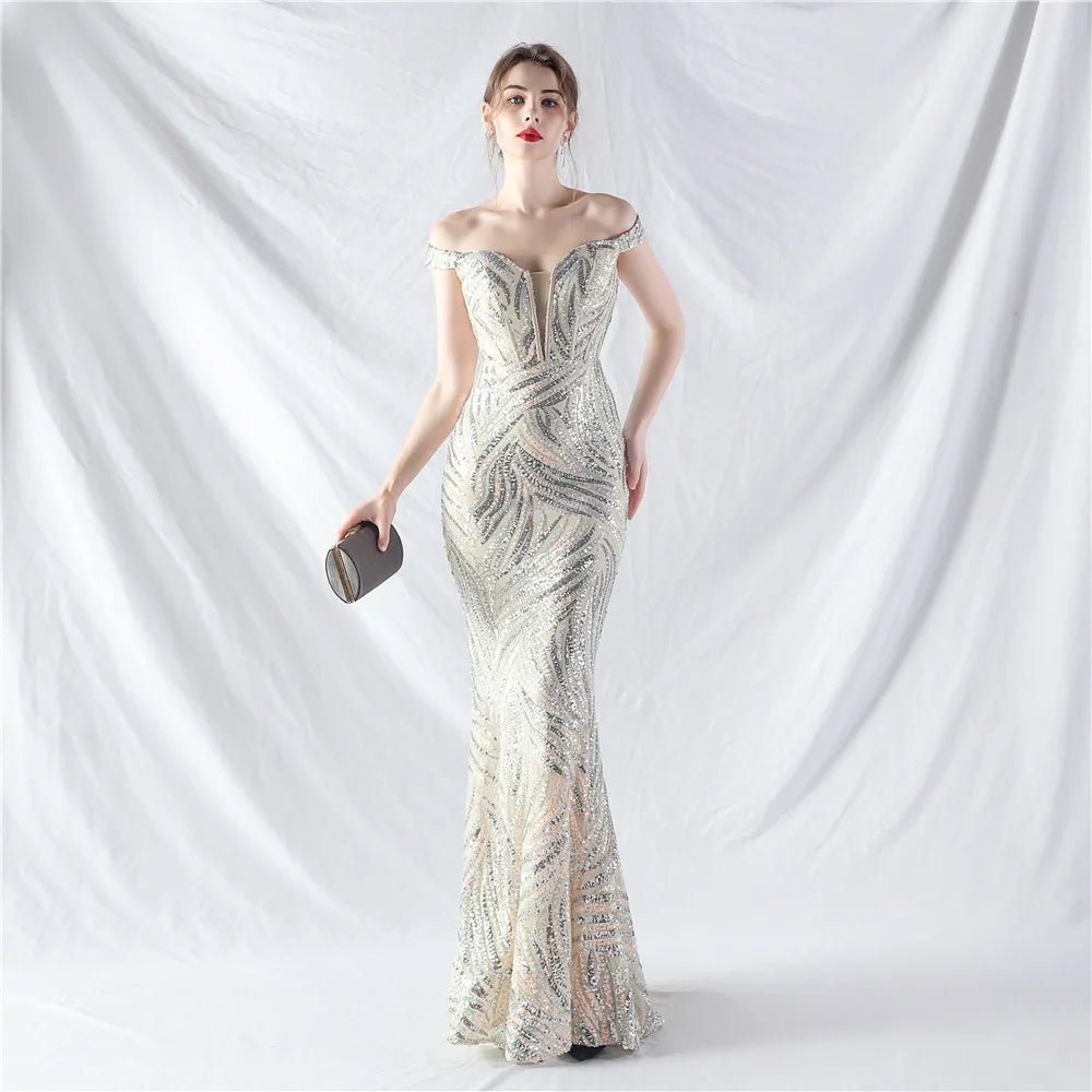 Women's Sequin Formal Evening Gown with strapless neckline and sparkling sequin design for weddings and parties