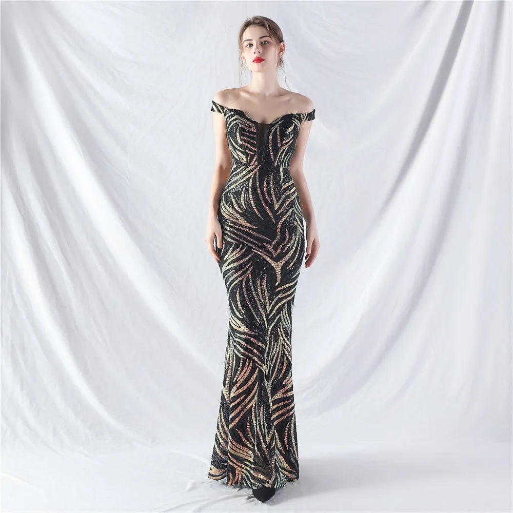 Women's Sequin Formal Evening Gown with strapless neckline and sparkling sequin design for weddings and parties